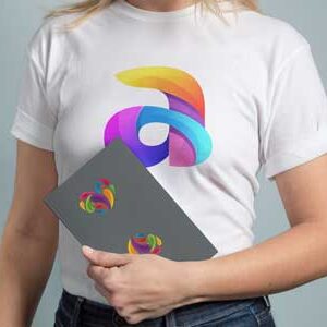 Mock-up-of-woman-t-shirt-holding-a-book-with-logo