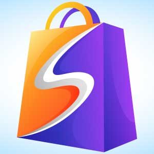 purple orange shopping bag with white slice letter s gradient logo
